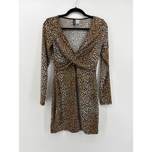 DIVIDED H&M Leopard Print‎ Twist Front Long Sleeve Mini Dress Women Size 6